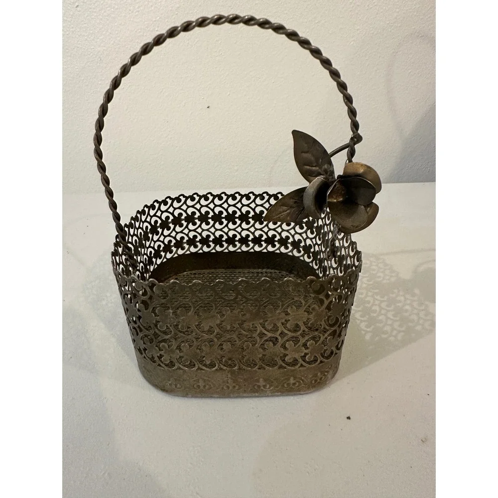 Vintage Metal Filigree Basket Floral Accent Twisted Handle Bronze Tone 4x4